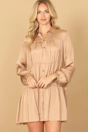COLLARED LONG SLEEVE PLEATED DETAIL SOLID DRESS