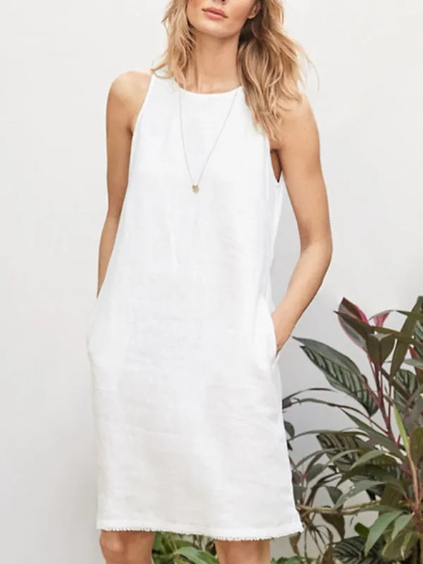 Comfortable Sleeveless Dress with Pockets and Round Neck