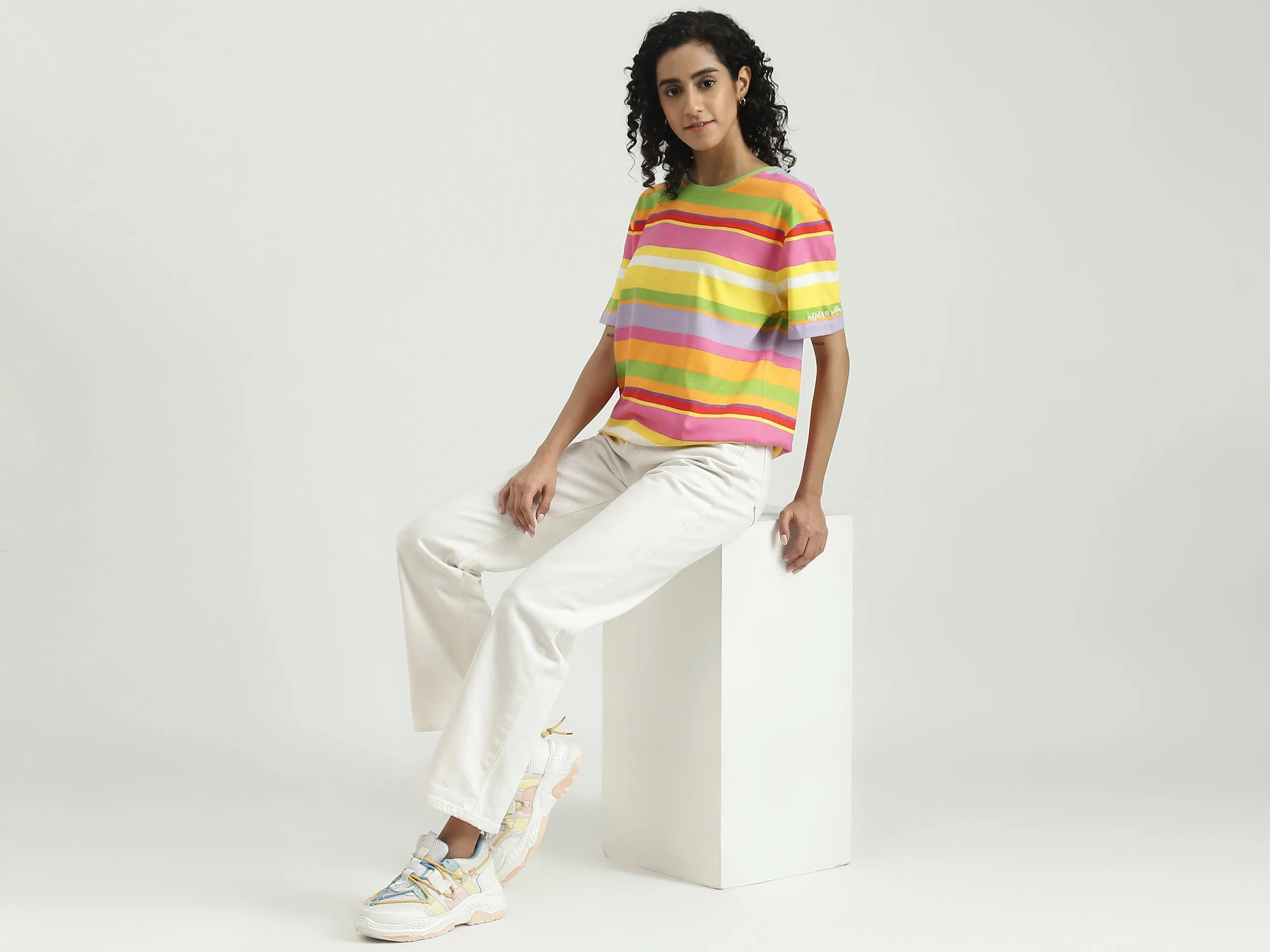 Cotton Striped Round Neck Women T-shirts