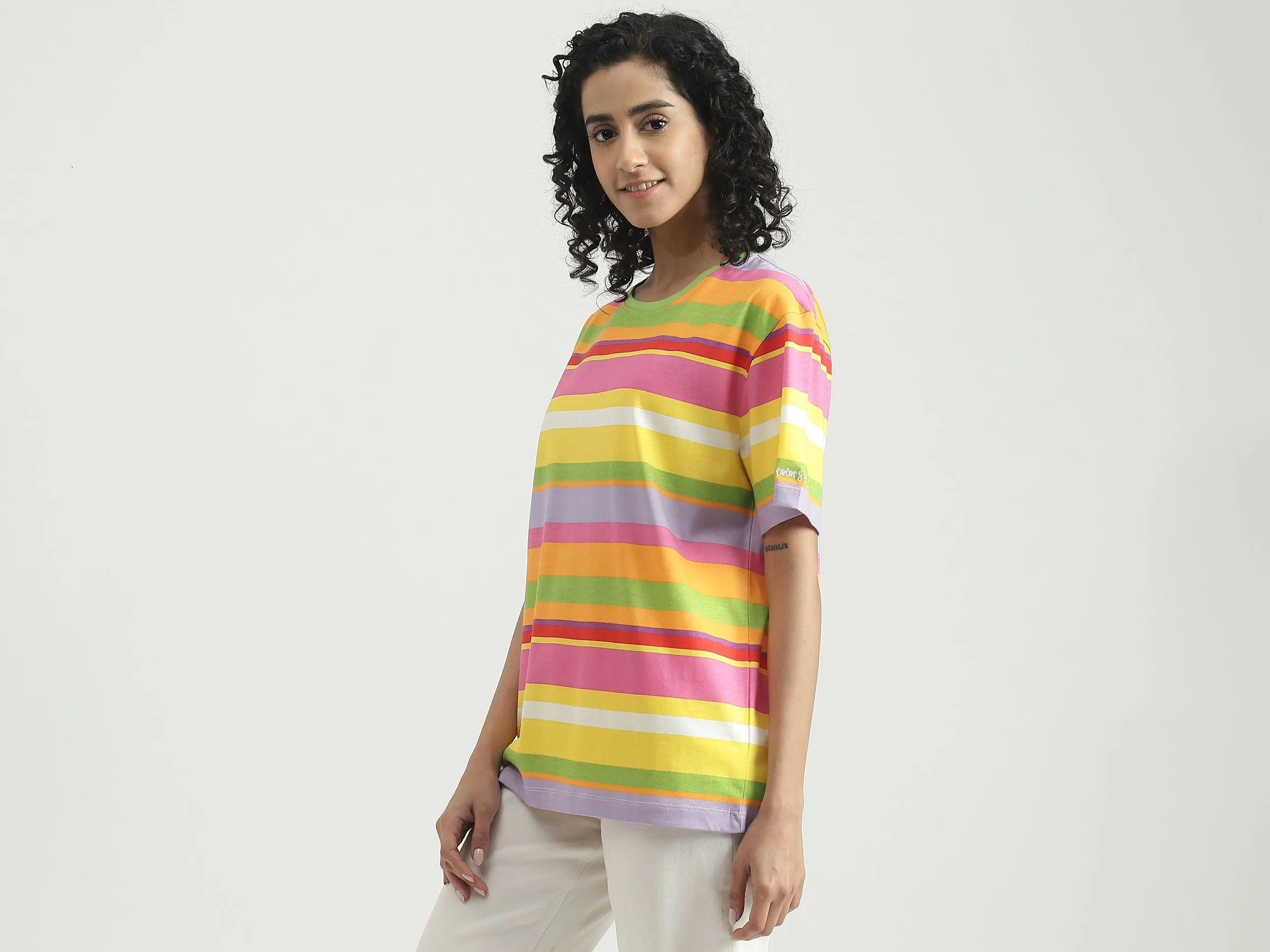 Cotton Striped Round Neck Women T-shirts