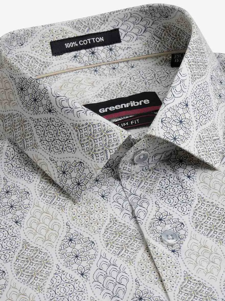 Cream Printed Slim Fit Party Wear Shirt | Greenfibre