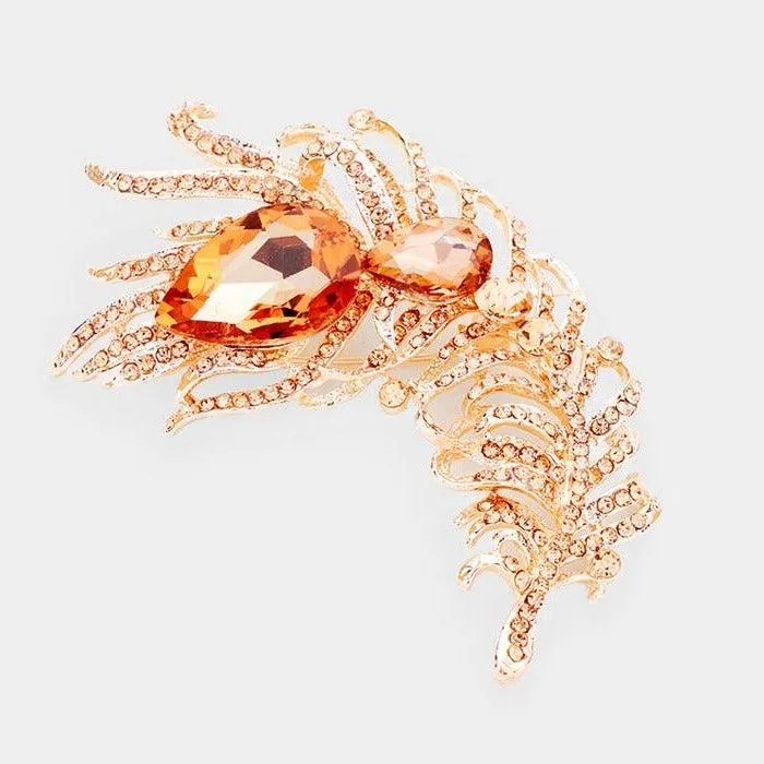 Curved Feather Peach Crystal Teardrop Brooch