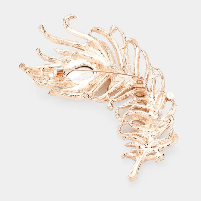 Curved Feather Peach Crystal Teardrop Brooch