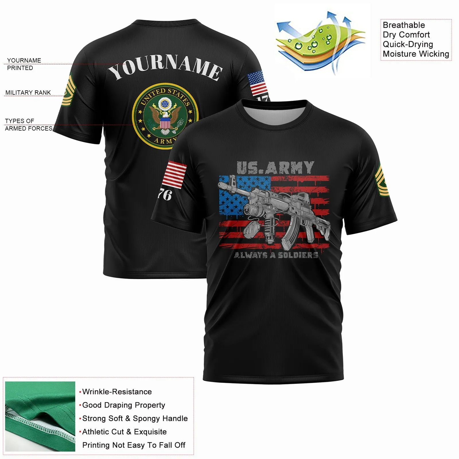 Custom Black Always A Soldiers 1776 American Flag U.S Army Military Rank Name T-Shirt
