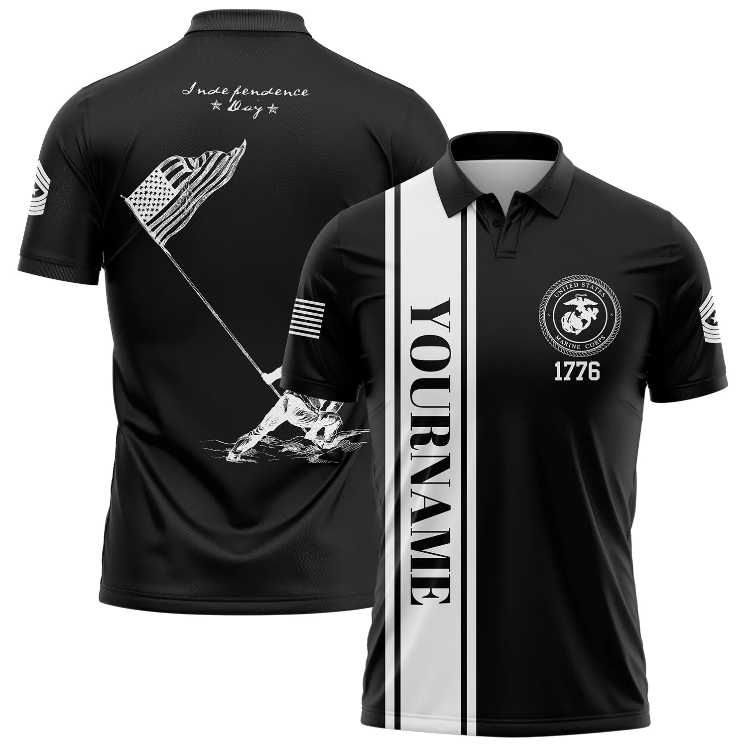 Custom Black American Flag Military Rank Name Independence Day Golf Polo Shirt