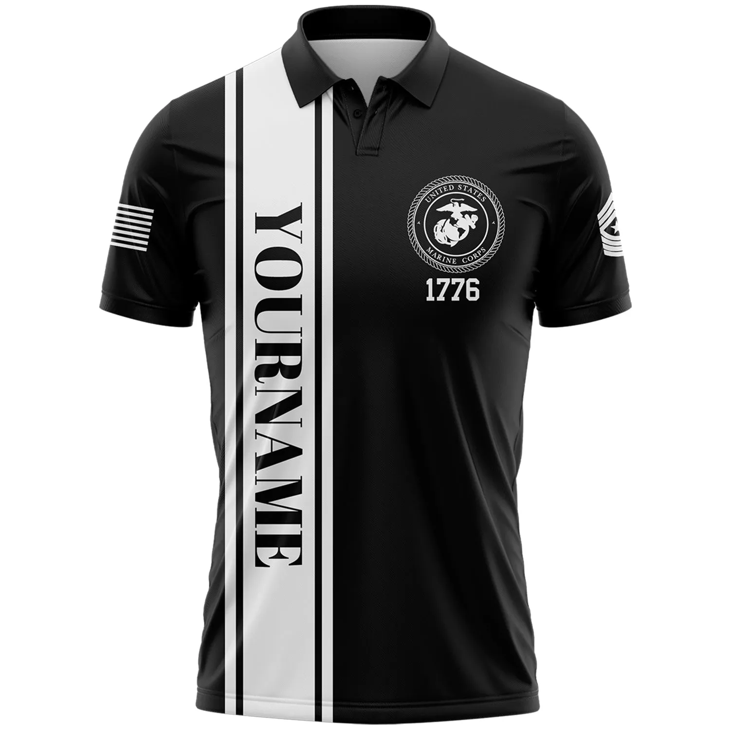 Custom Black American Flag Military Rank Name Independence Day Golf Polo Shirt