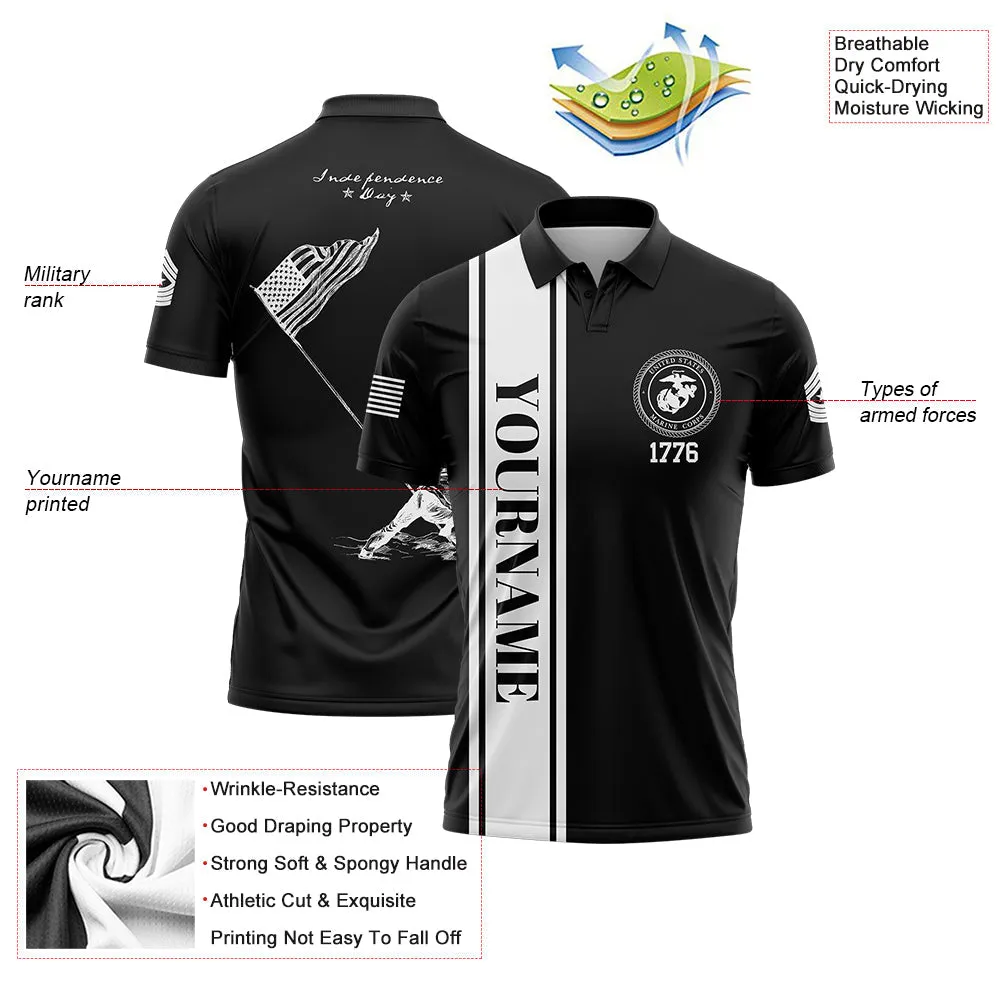 Custom Black American Flag Military Rank Name Independence Day Golf Polo Shirt