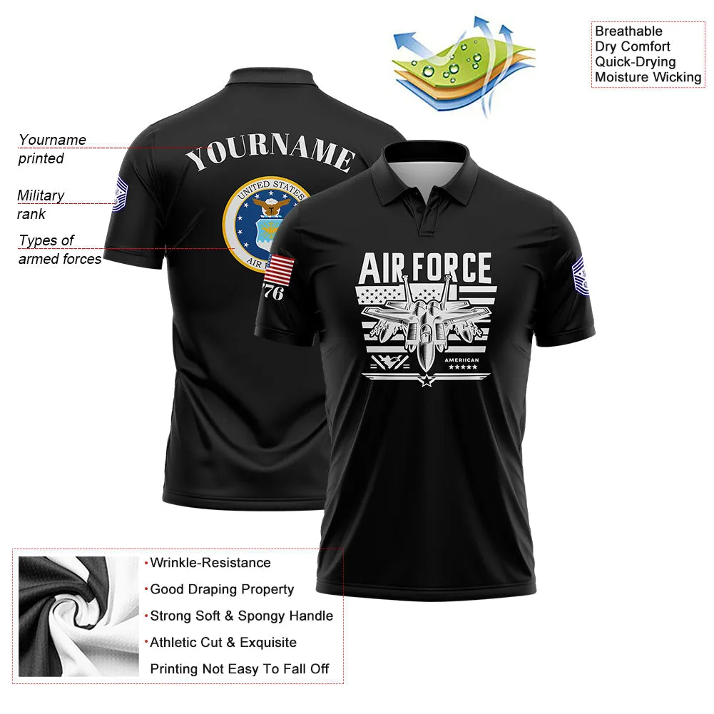 Custom Black Fighter 1776 American Flag U.S Air Force Military Rank Name Golf Polo Shirt
