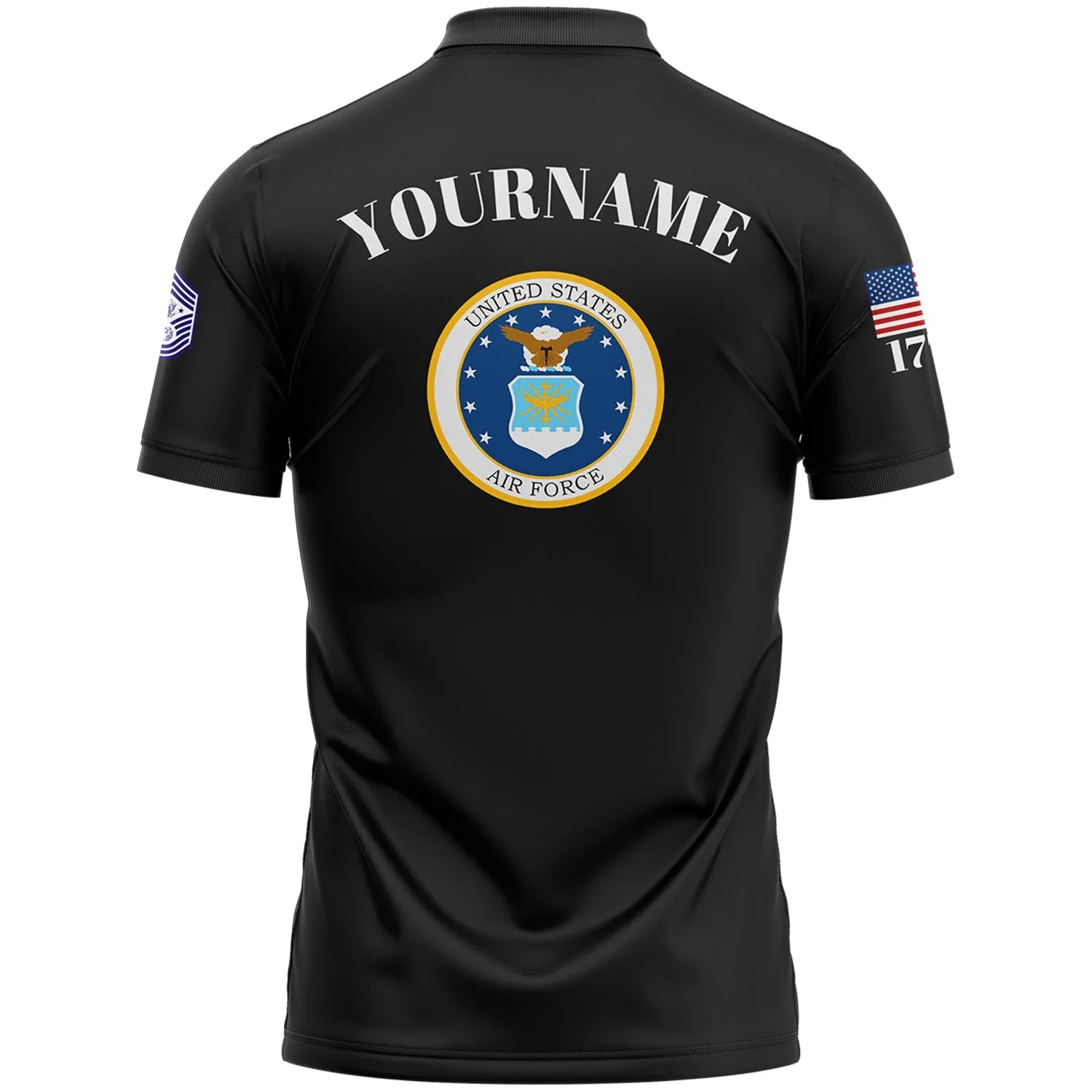 Custom Black Fighter 1776 American Flag U.S Air Force Military Rank Name Golf Polo Shirt