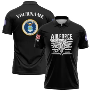 Custom Black Fighter 1776 American Flag U.S Air Force Military Rank Name Golf Polo Shirt
