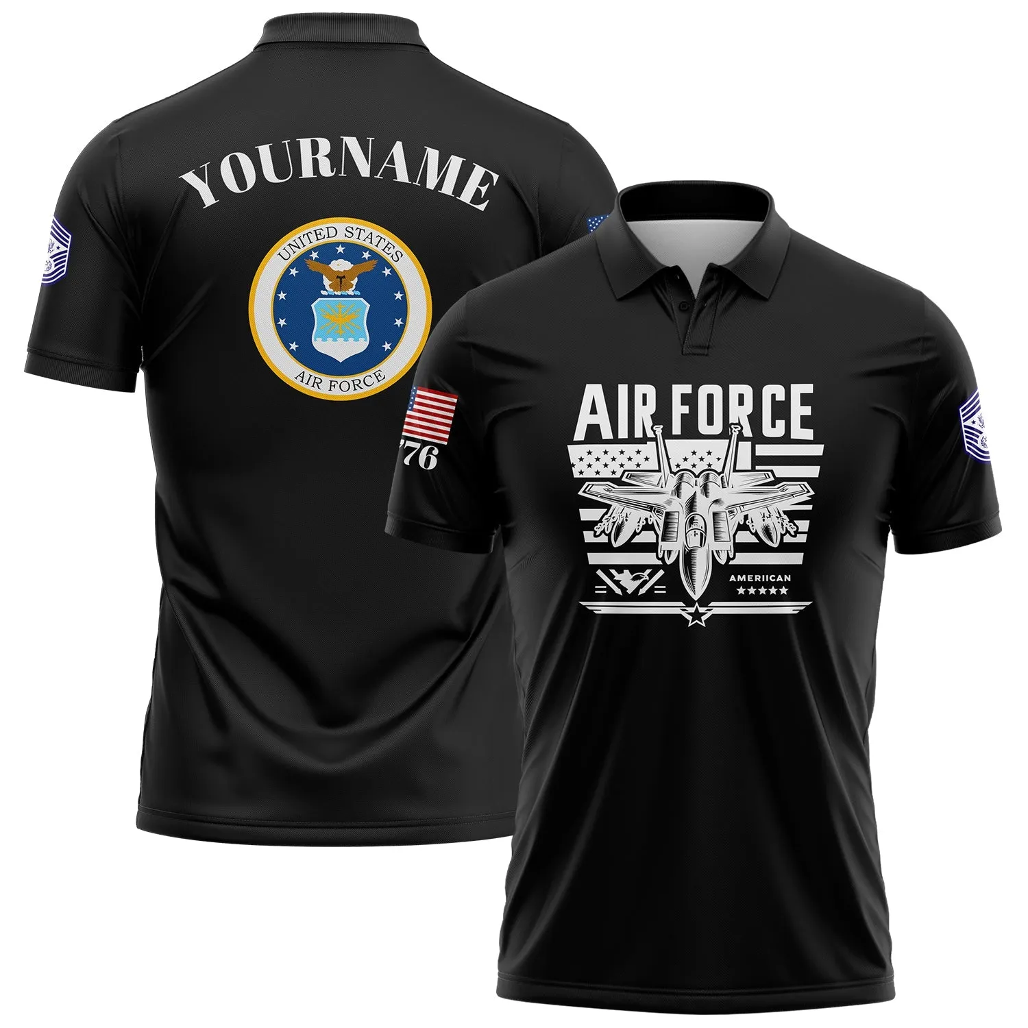 Custom Black Fighter 1776 American Flag U.S Air Force Military Rank Name Golf Polo Shirt