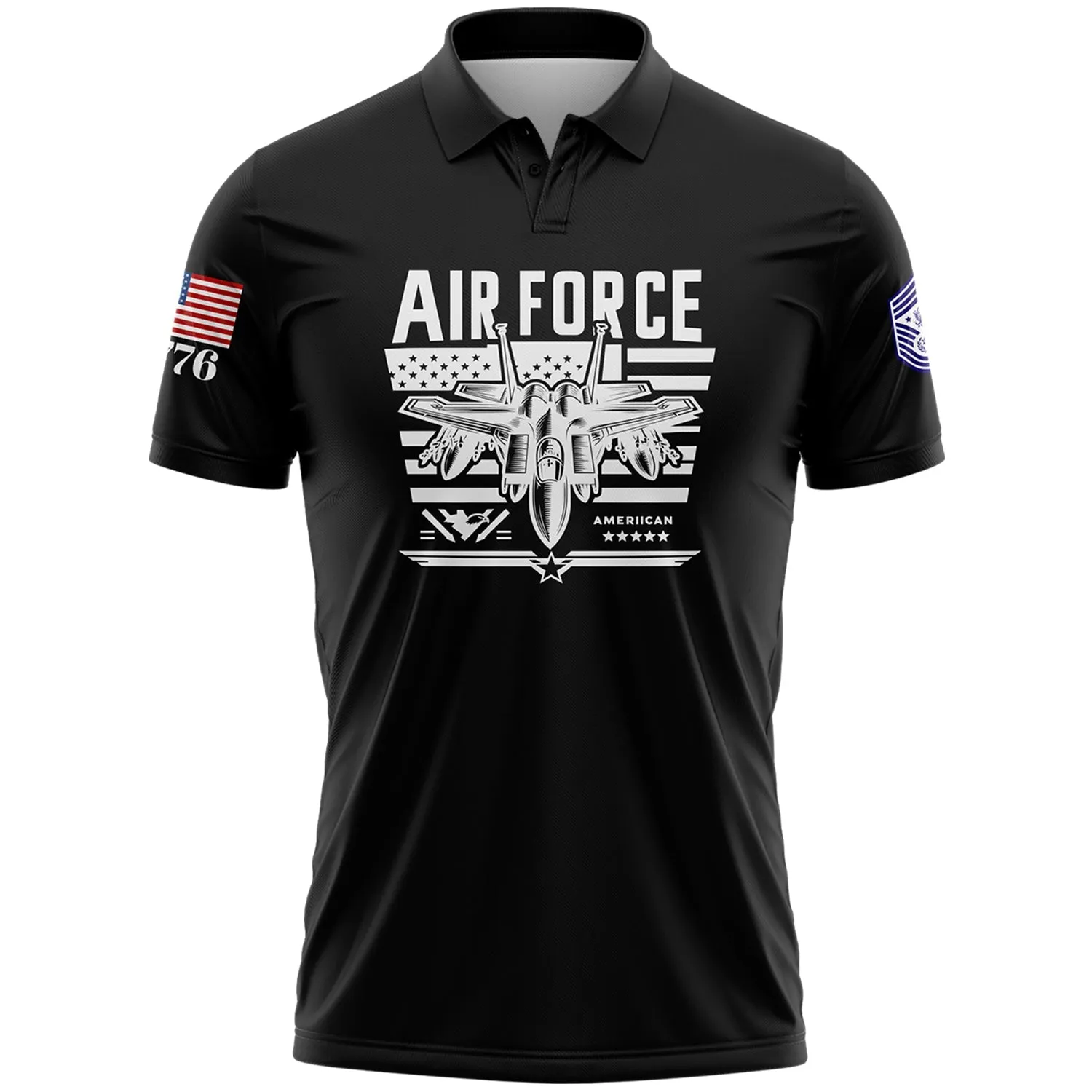 Custom Black Fighter 1776 American Flag U.S Air Force Military Rank Name Golf Polo Shirt