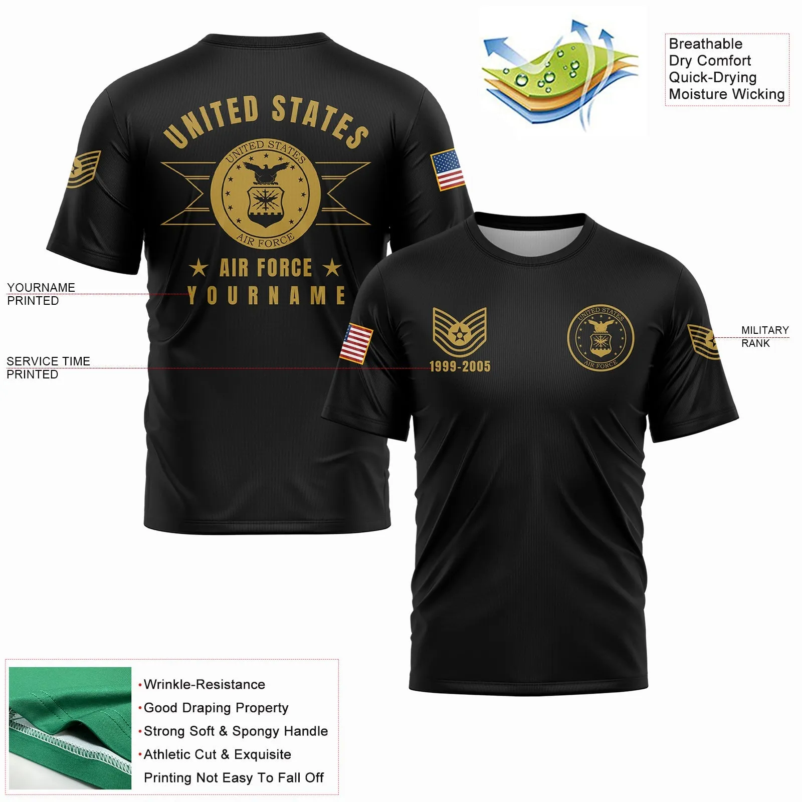 Custom Black U.S Air Force Military Rank Veteran Name T-Shirt