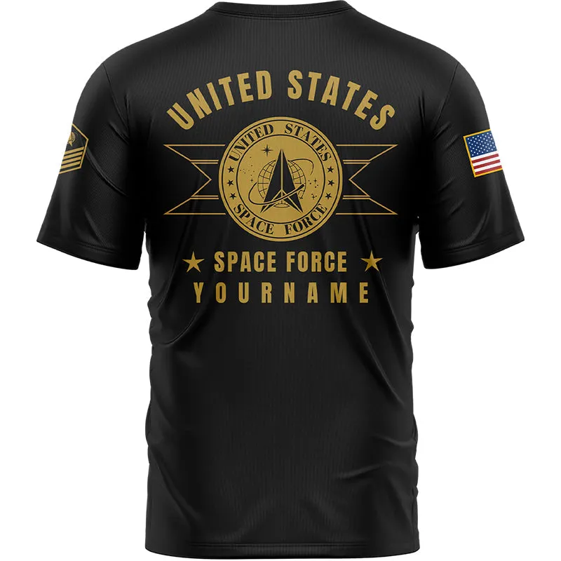Custom Black U.S Space Force Military Rank Veteran Name T-Shirt