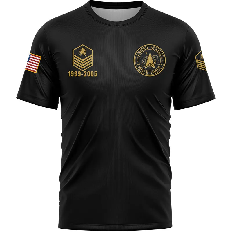 Custom Black U.S Space Force Military Rank Veteran Name T-Shirt