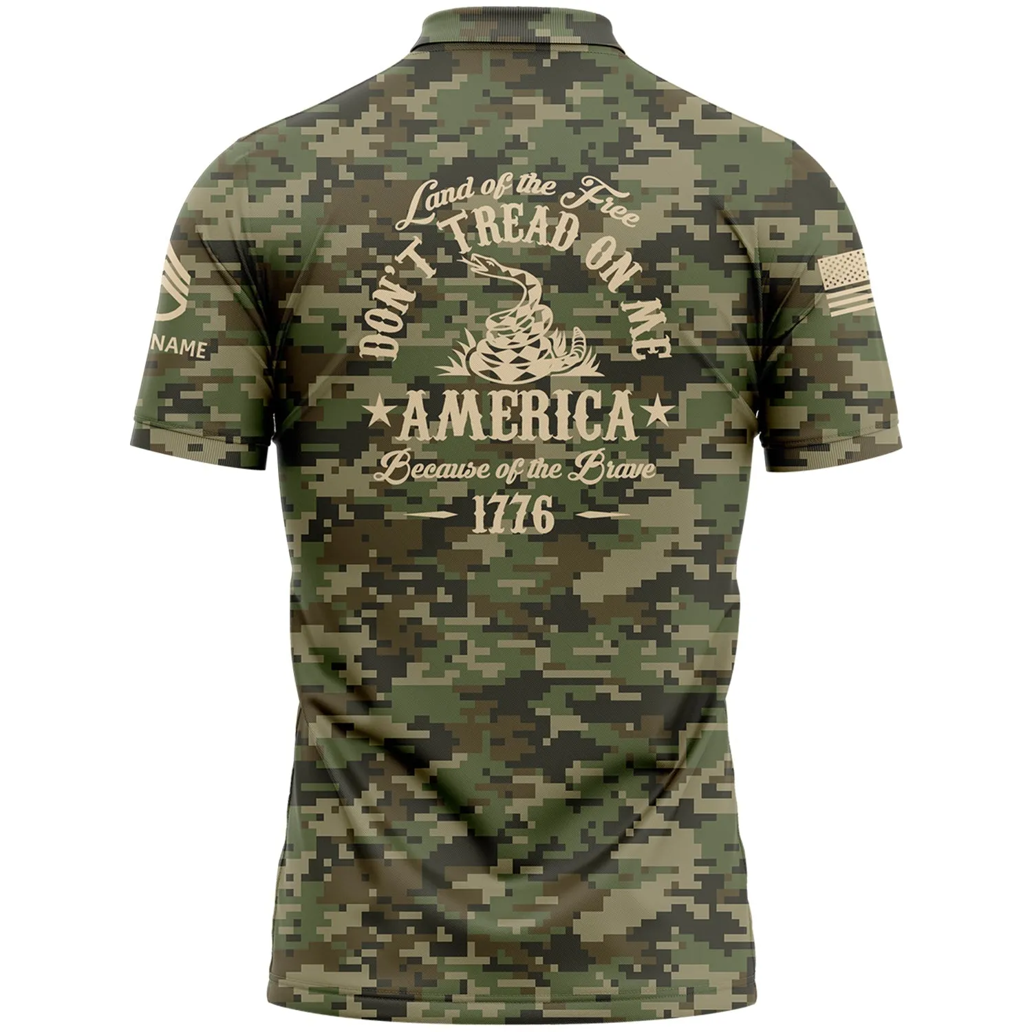 Custom Camo Land OF The Free Don't Tread On Me America Because Of The Brave 1776 U.S. Army Military Staff Sergeant Rank Veteran Name Golf Polo Shirt | Father's Day Gifts