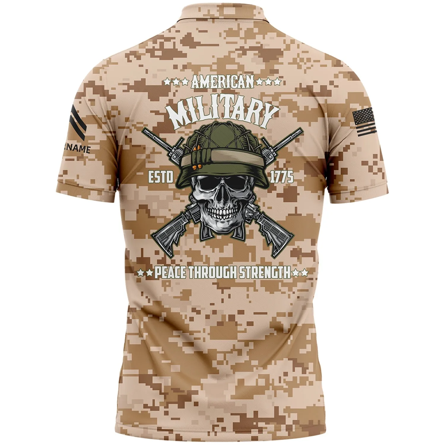 Custom Camo Skull Peace Through Strength 1775 U.S Army Military Corporal Rank Name Golf Polo Shirt | Father's Day Gifts