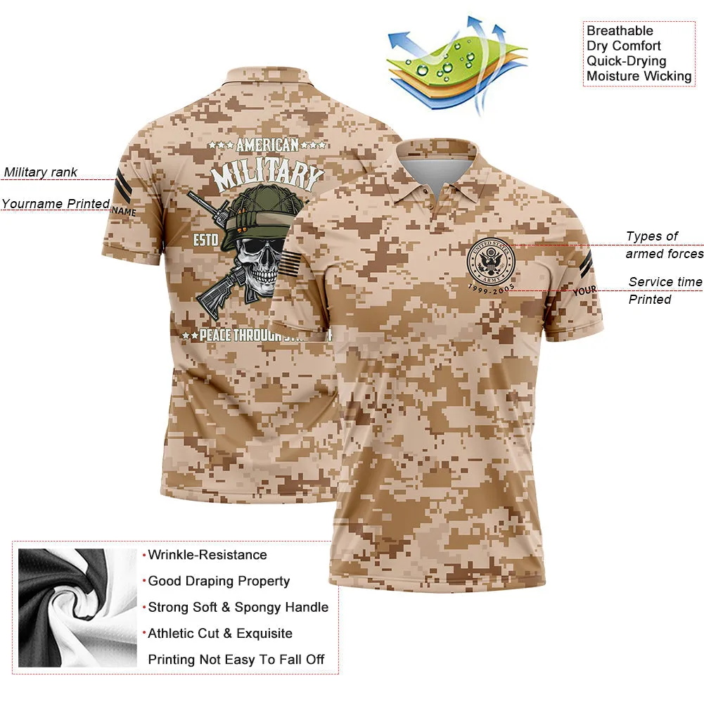 Custom Camo Skull Peace Through Strength 1775 U.S Army Military Corporal Rank Name Golf Polo Shirt | Father's Day Gifts