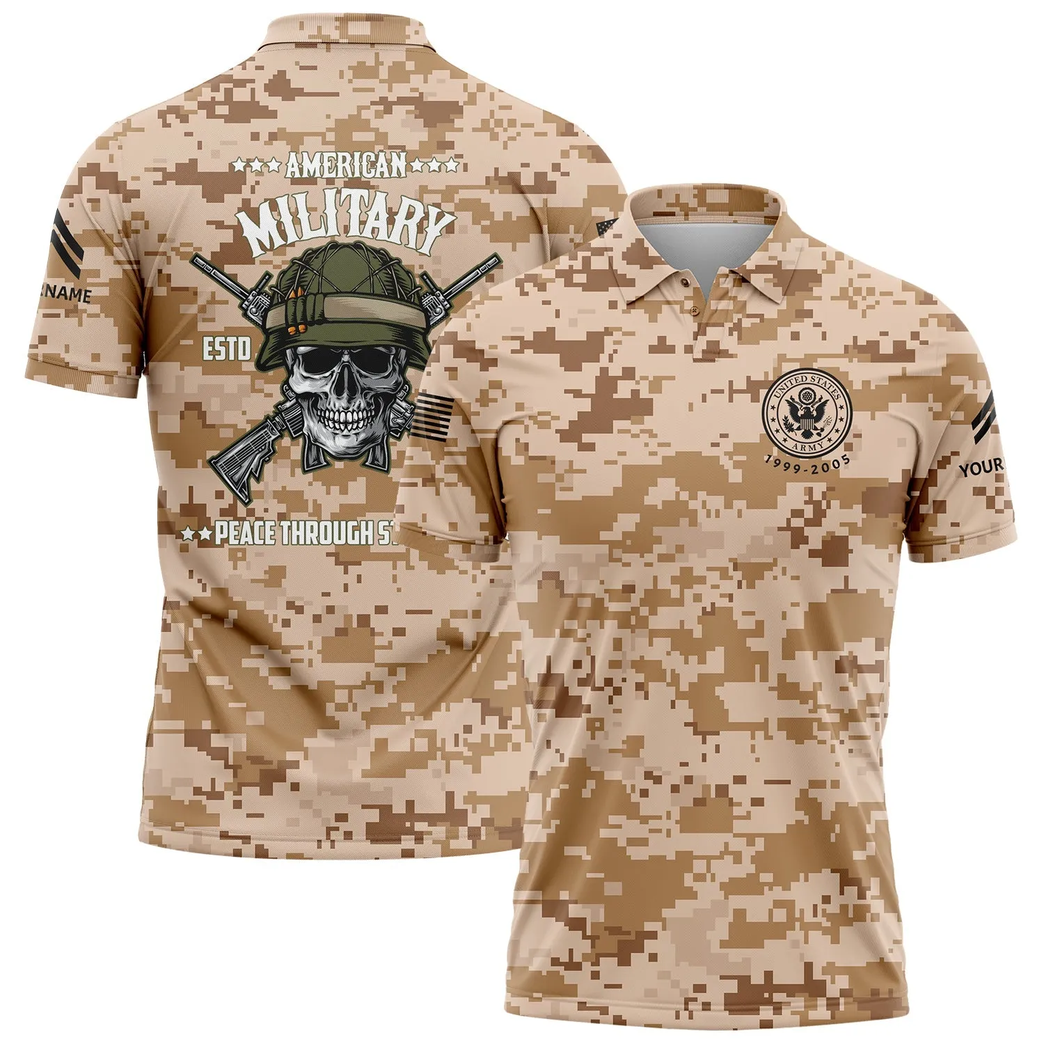 Custom Camo Skull Peace Through Strength 1775 U.S Army Military Corporal Rank Name Golf Polo Shirt | Father's Day Gifts