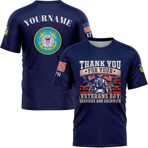 Custom Navy Thank You For Your Services And Sacrifice 1776 American Flag U.S Coast Guard Military Rank Name Veterans Day T-Shirt
