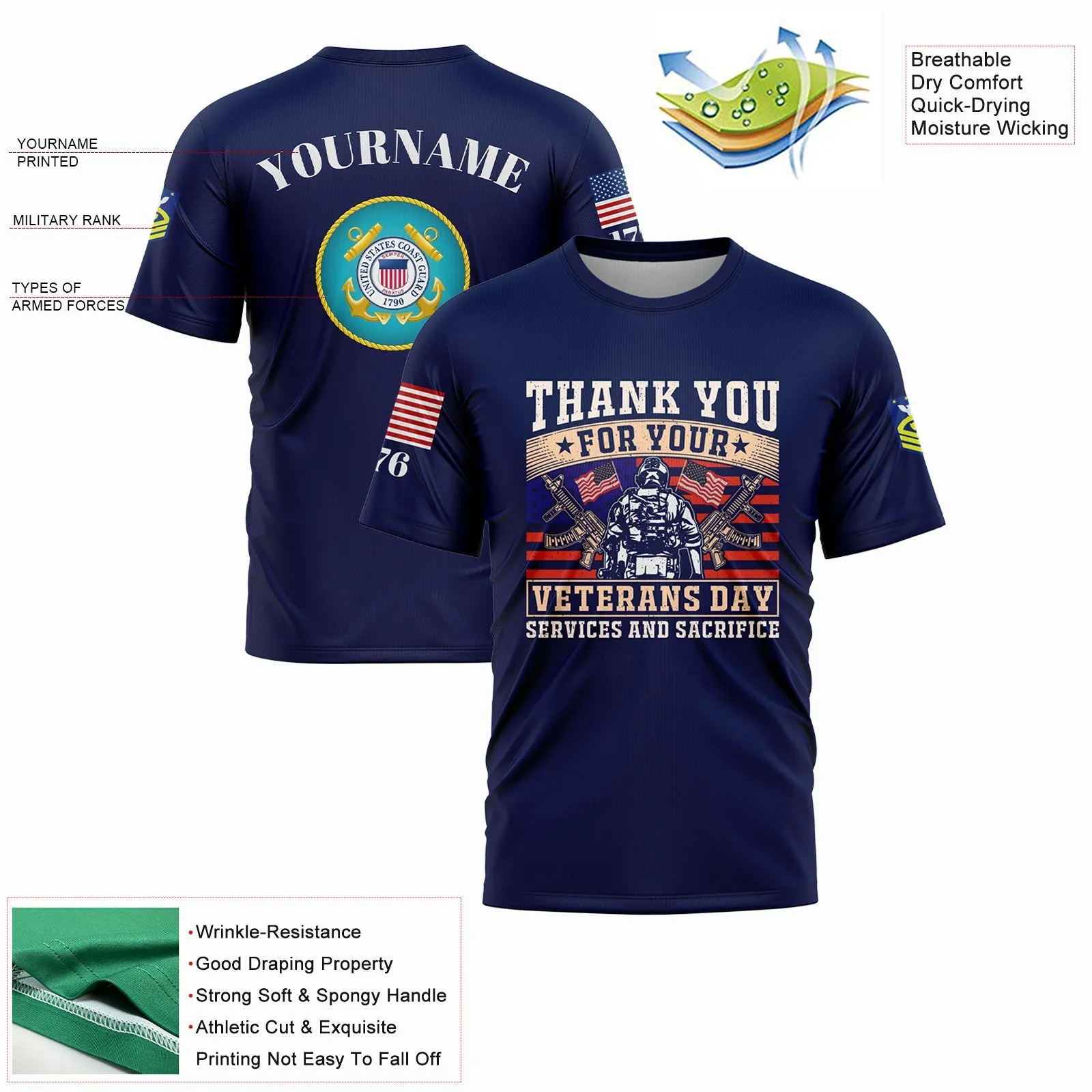 Custom Navy Thank You For Your Services And Sacrifice 1776 American Flag U.S Coast Guard Military Rank Name Veterans Day T-Shirt