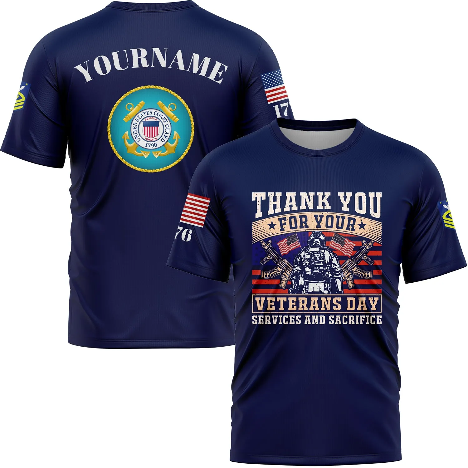 Custom Navy Thank You For Your Services And Sacrifice 1776 American Flag U.S Coast Guard Military Rank Name Veterans Day T-Shirt