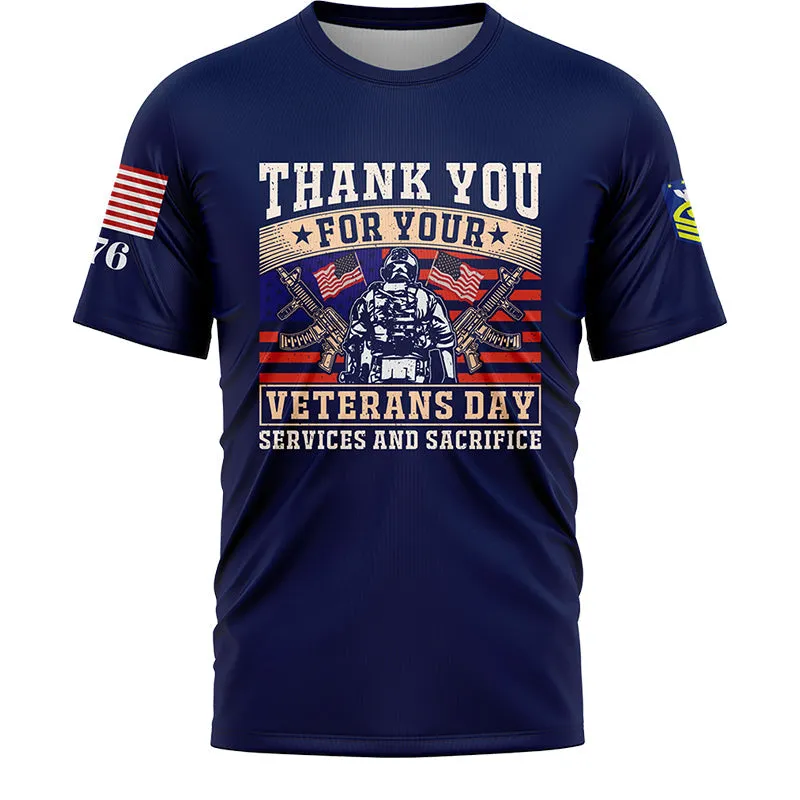 Custom Navy Thank You For Your Services And Sacrifice 1776 American Flag U.S Coast Guard Military Rank Name Veterans Day T-Shirt