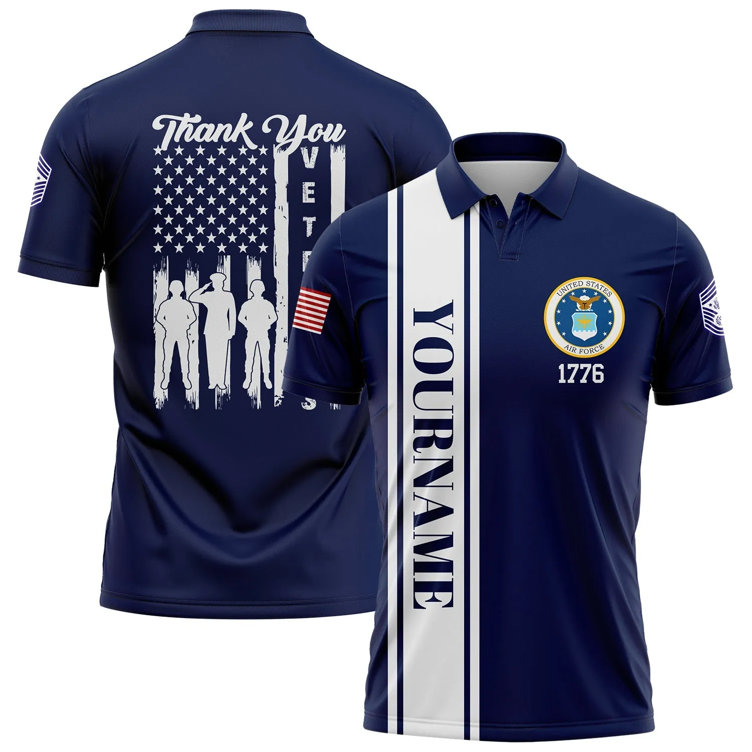 Custom Navy Thank You Veterans 1776 Flag U.S Air Force Military Rank Name Veterans Day Golf Polo Shirt | Father's Day Gifts