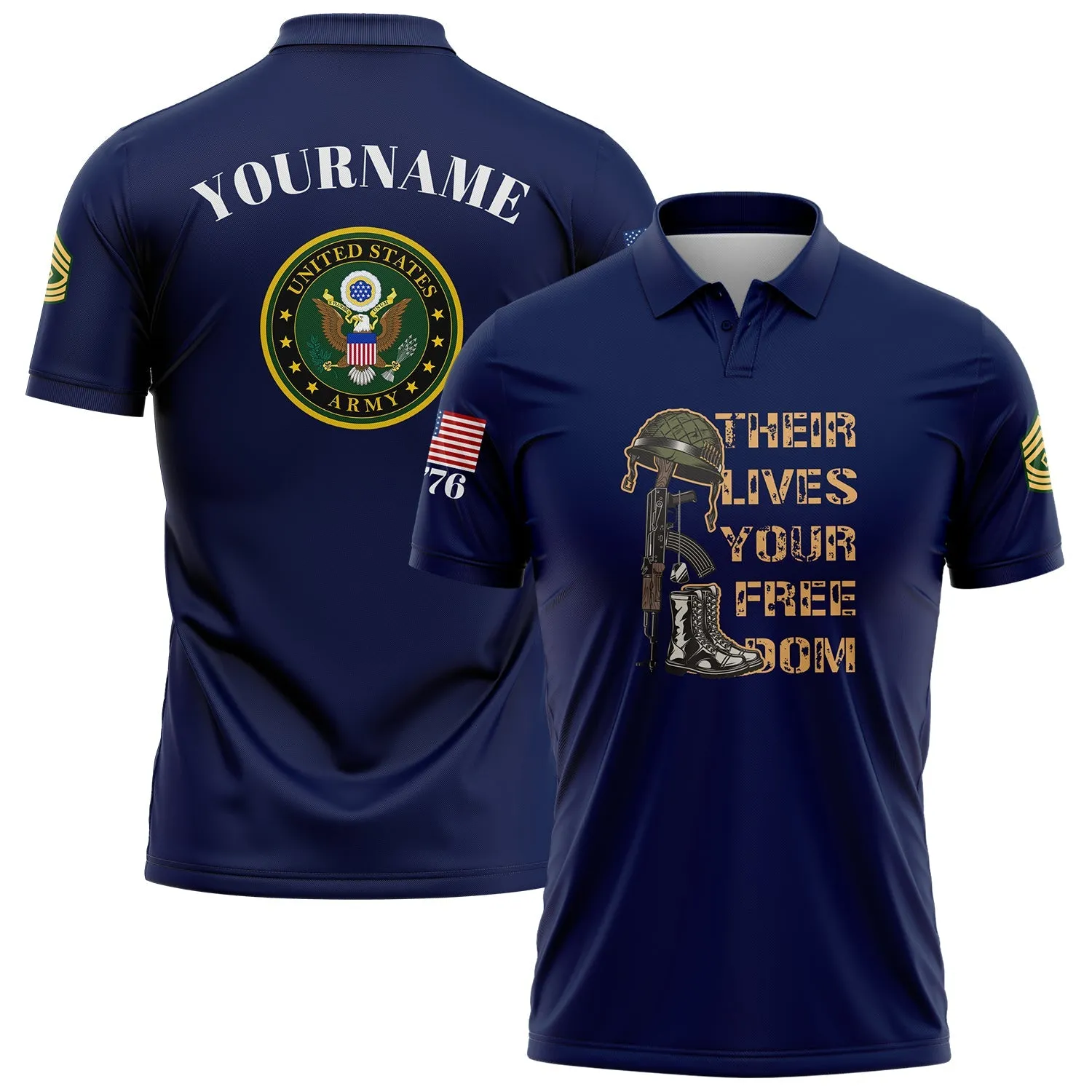 Custom Navy Their Lives Your Freedom 1776 U.S Marine Corps Military Rank Name Memorial Day Golf Polo Shirt
