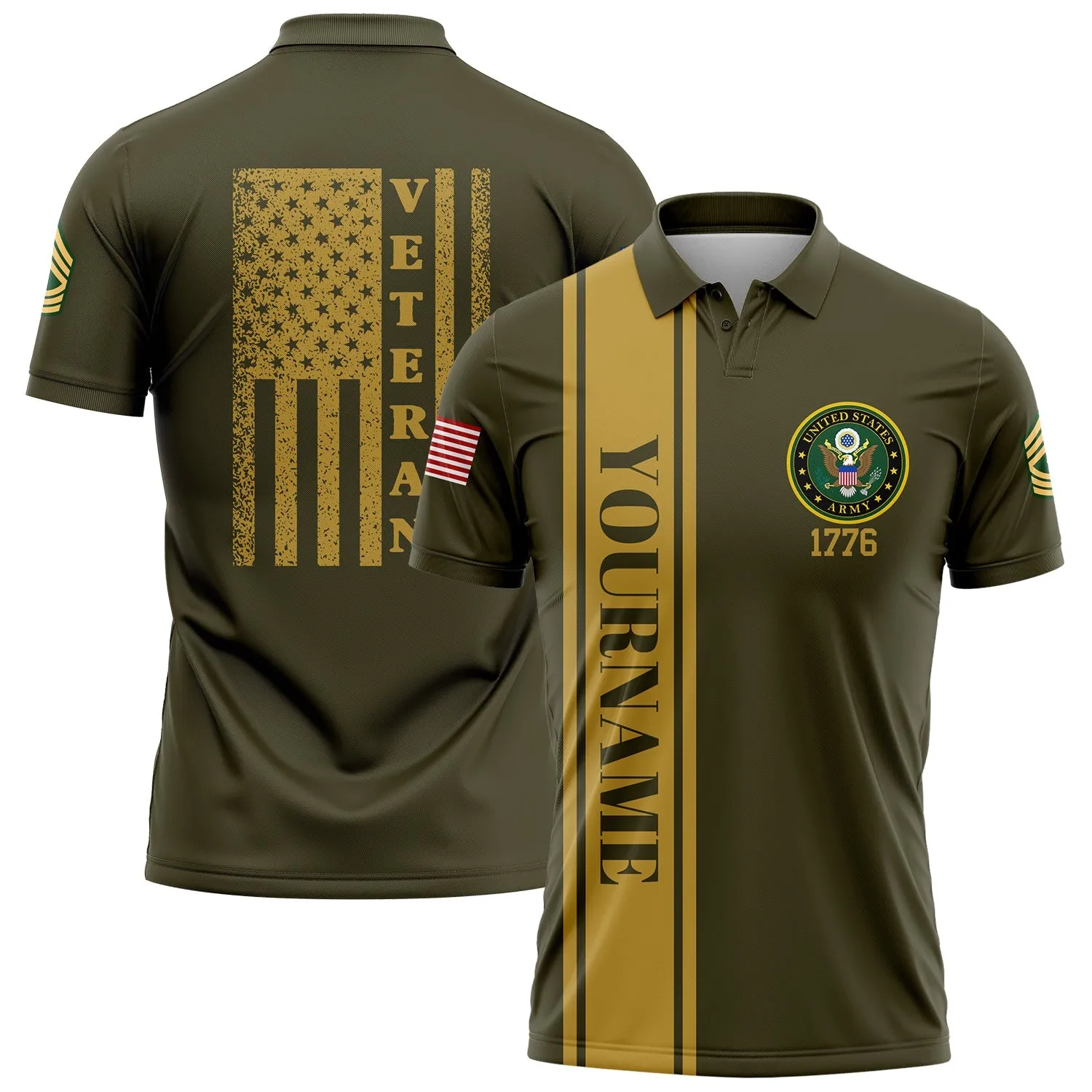 Custom Olive 1776 American Flag Military Rank Name Veterans Day Golf Polo Shirt