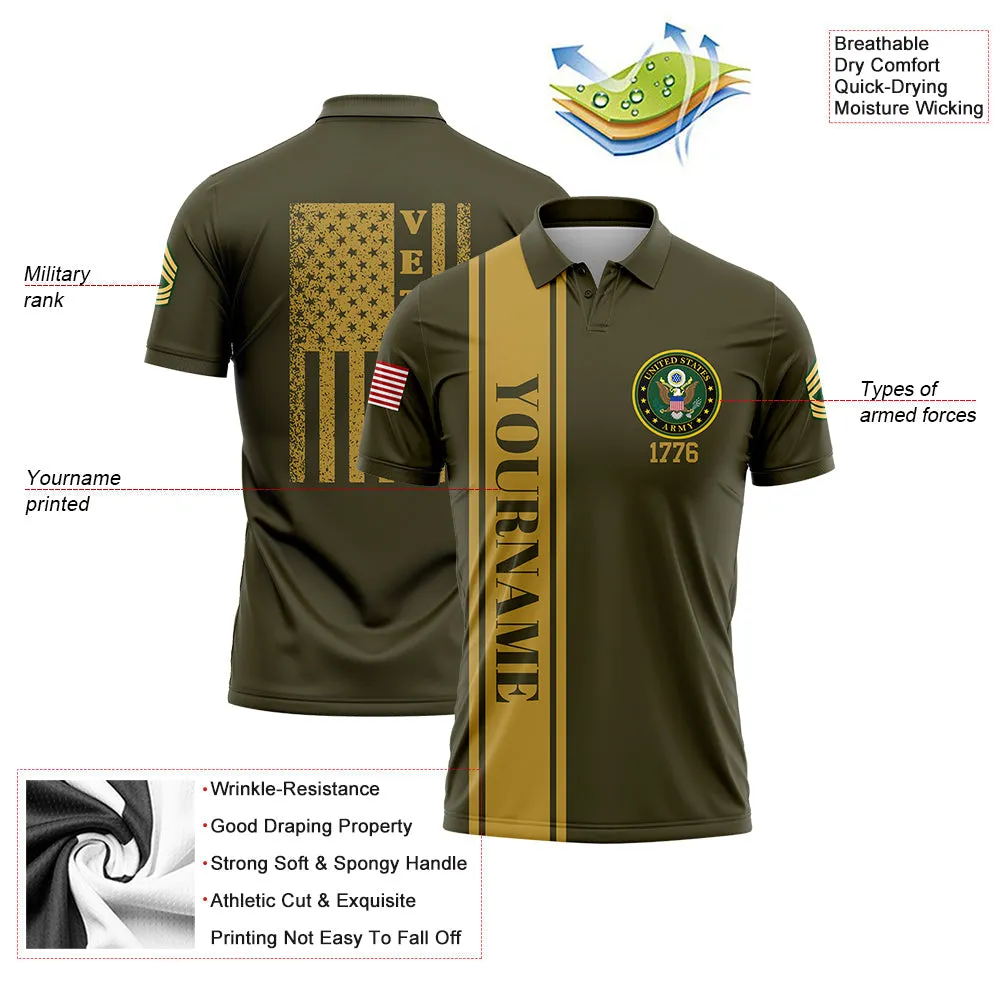 Custom Olive 1776 American Flag Military Rank Name Veterans Day Golf Polo Shirt