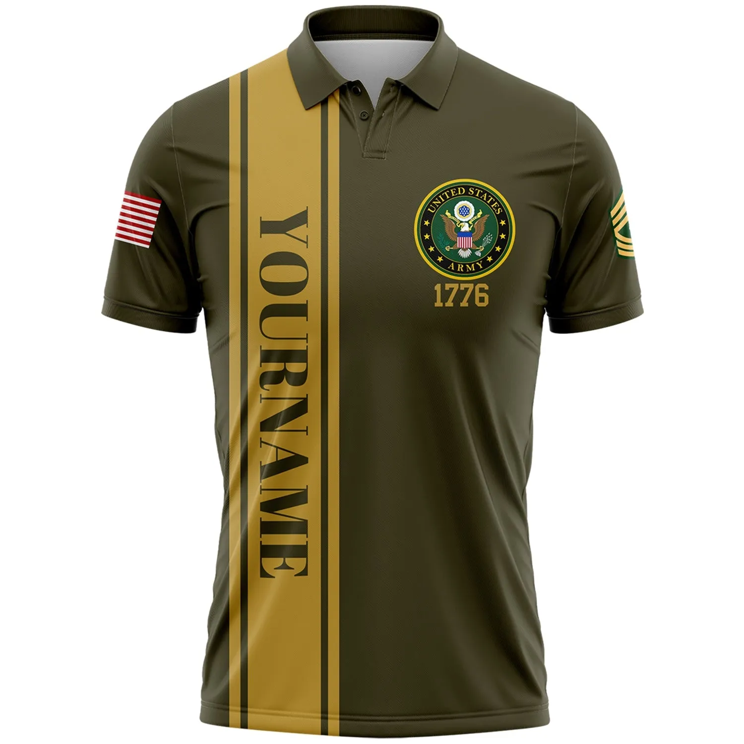 Custom Olive 1776 American Flag Military Rank Name Veterans Day Golf Polo Shirt