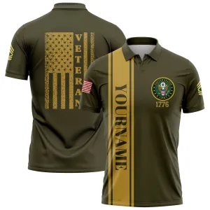 Custom Olive 1776 American Flag Military Rank Name Veterans Day Golf Polo Shirt