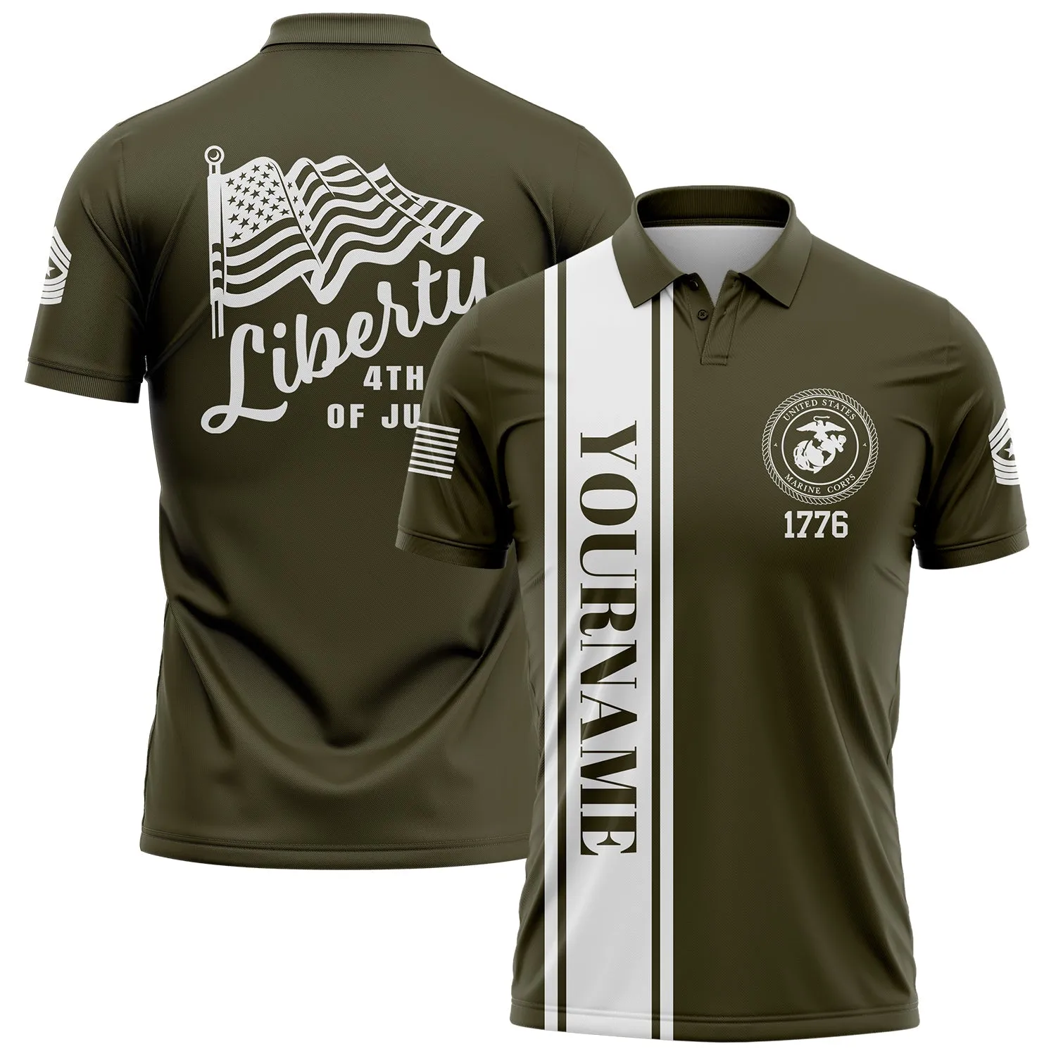 Custom Olive American Flag Military Rank Name Independence Day Golf Polo Shirt