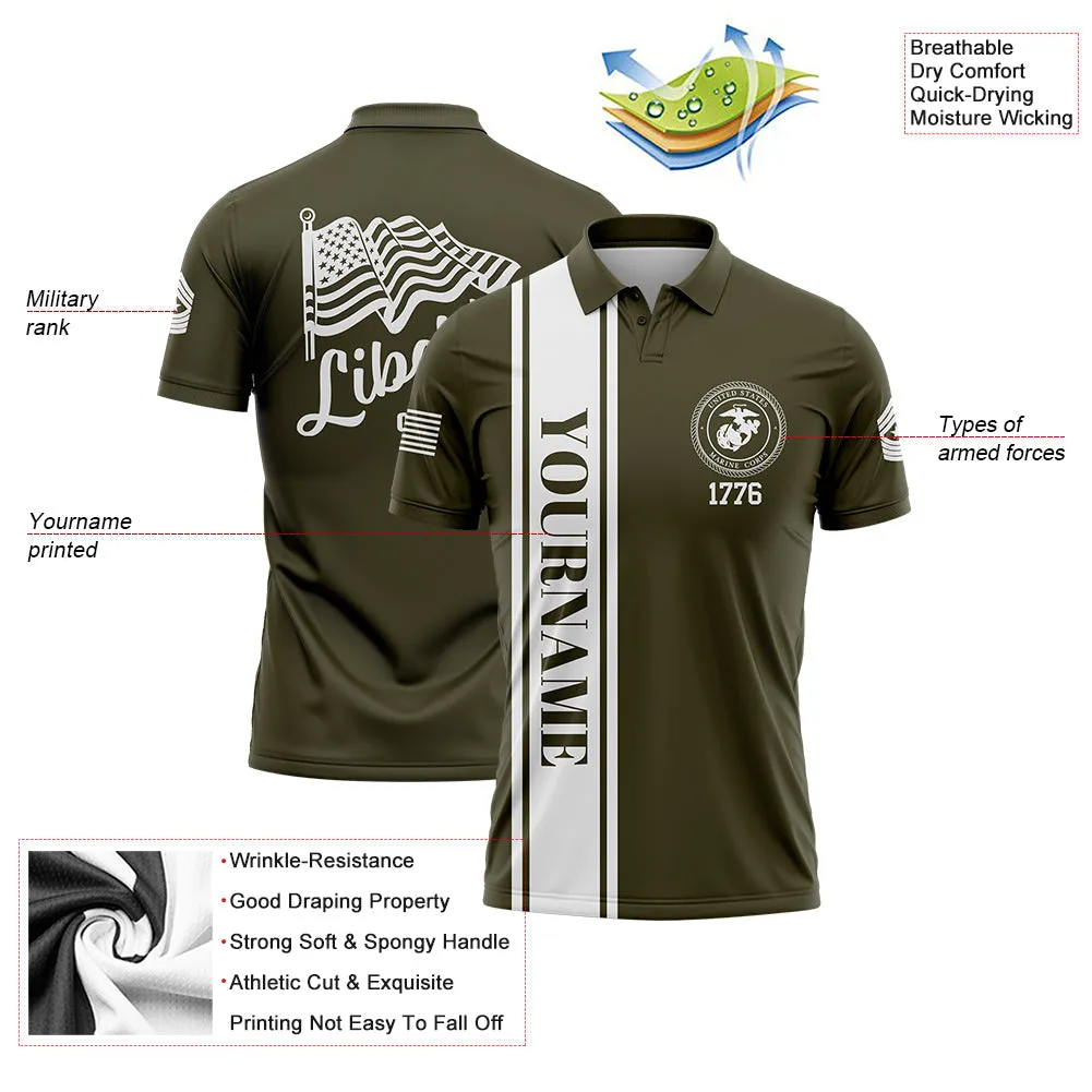 Custom Olive American Flag Military Rank Name Independence Day Golf Polo Shirt