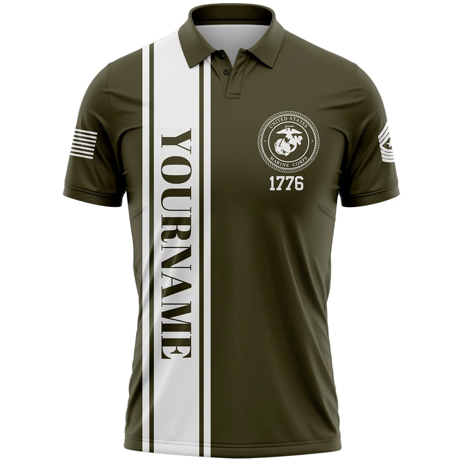 Custom Olive American Flag Military Rank Name Independence Day Golf Polo Shirt