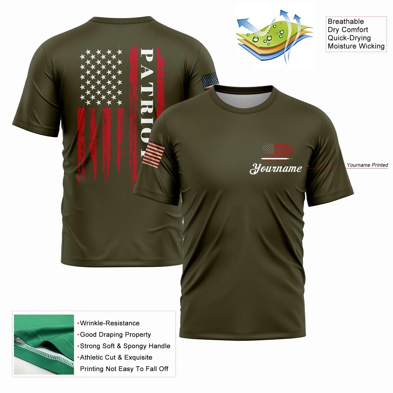 Custom Olive American Patriot Name T-Shirt