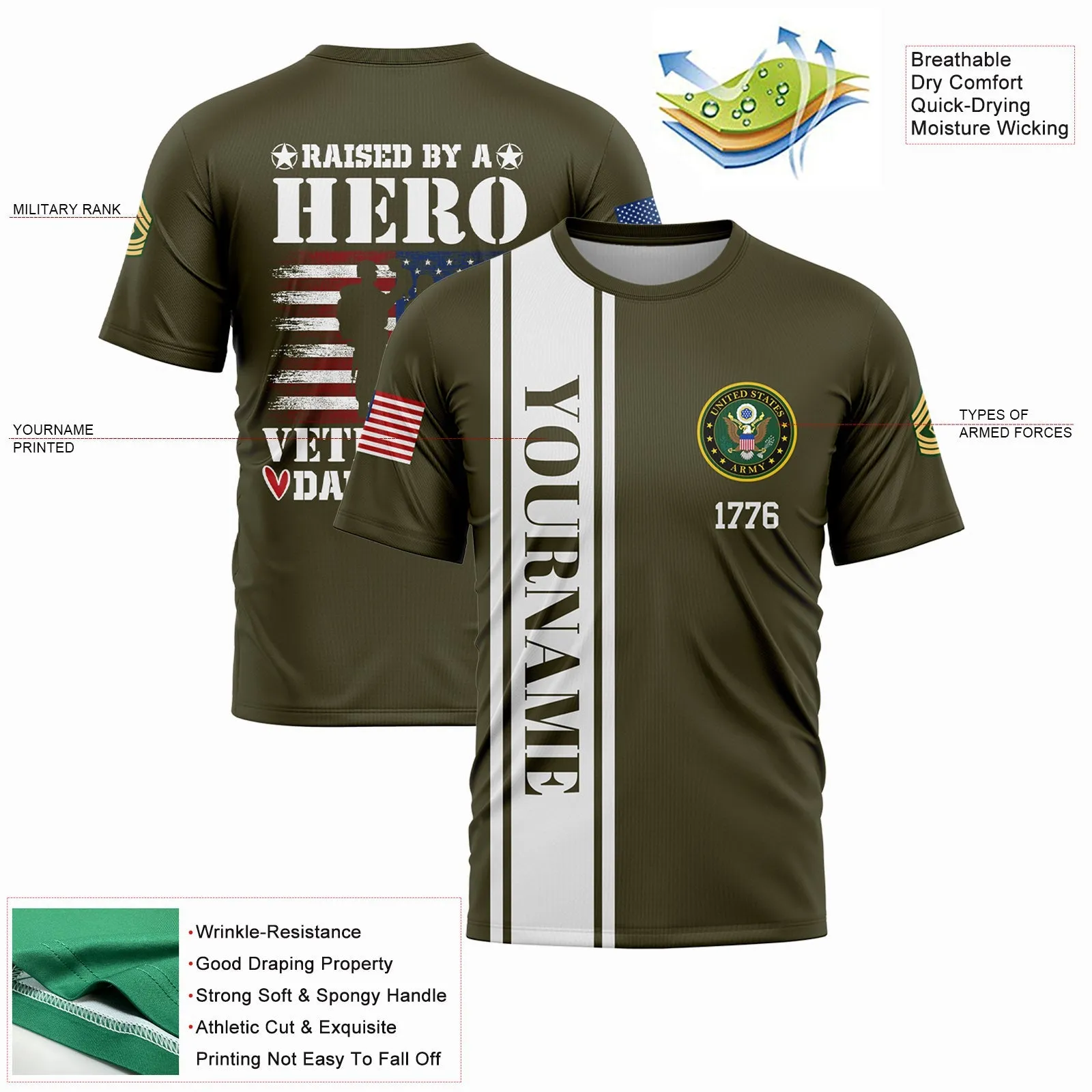 Custom Olive Raised By A Hero Veteran's Daughter 1776 Flag U.S Army Military Rank Name Veterans Day T-Shirt | Father's Day Gifts