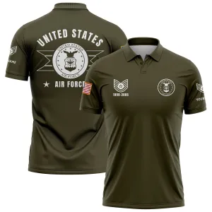 Custom Olive U.S Air Force Military Rank Veteran Name Golf Polo Shirt