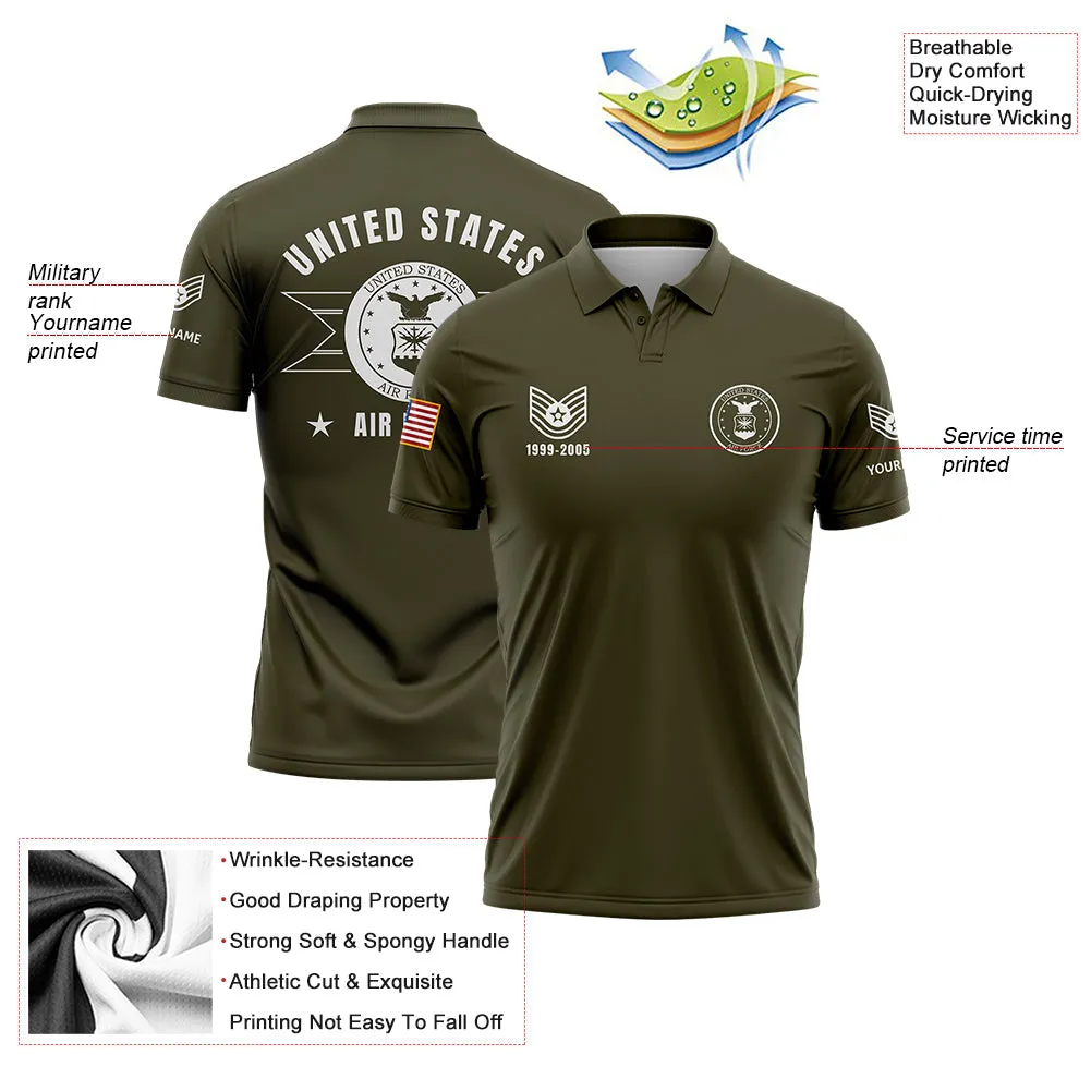 Custom Olive U.S Air Force Military Rank Veteran Name Golf Polo Shirt