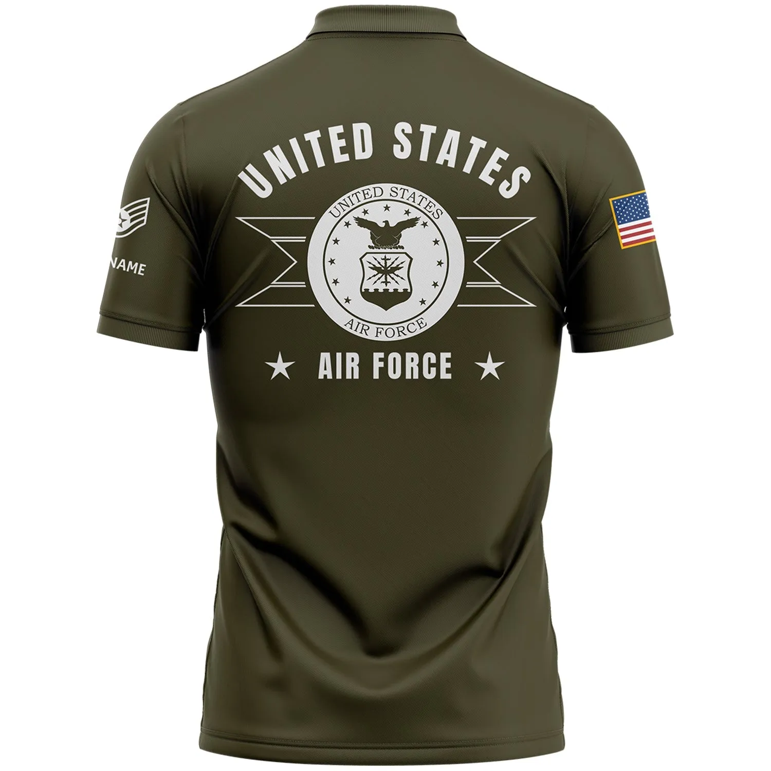 Custom Olive U.S Air Force Military Rank Veteran Name Golf Polo Shirt