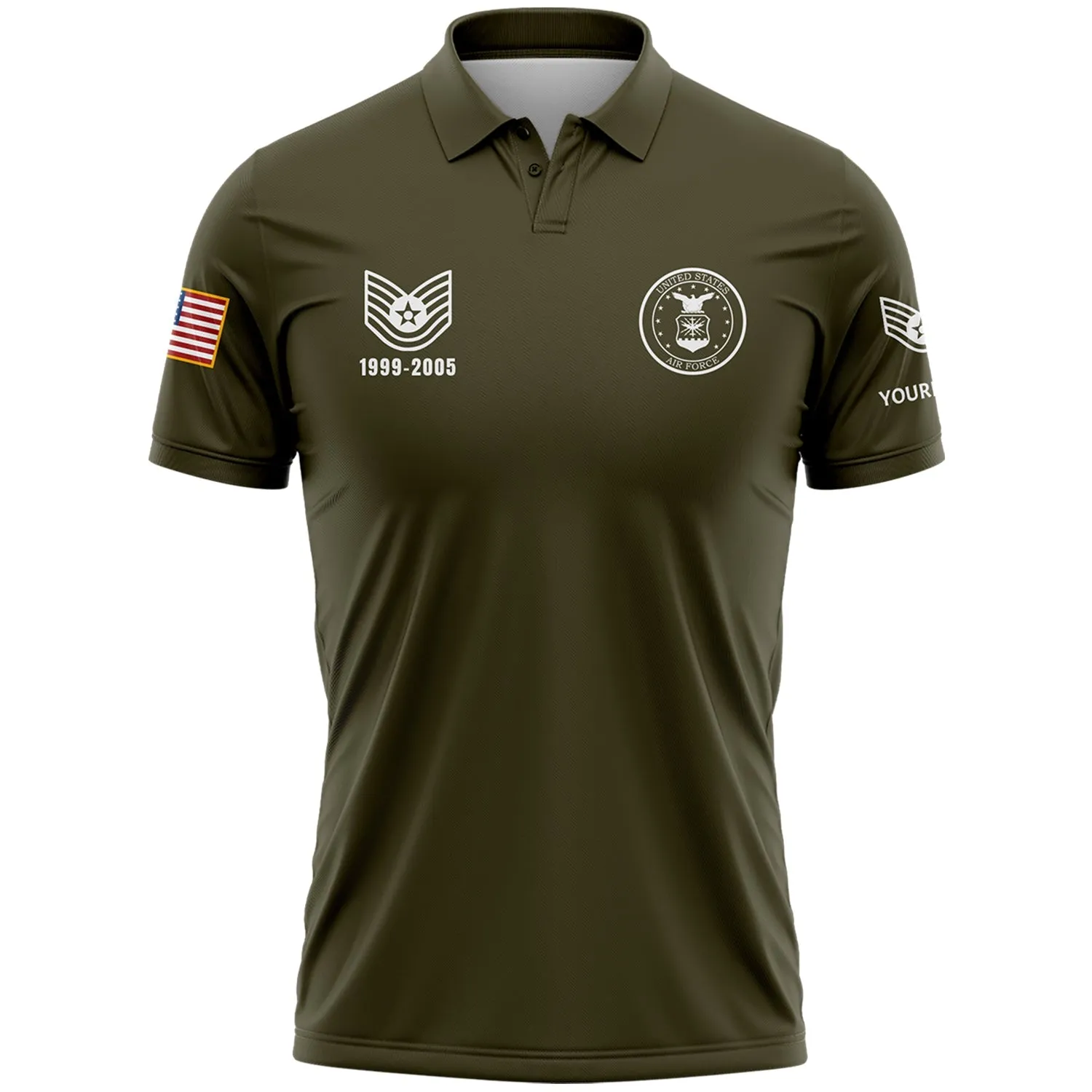 Custom Olive U.S Air Force Military Rank Veteran Name Golf Polo Shirt