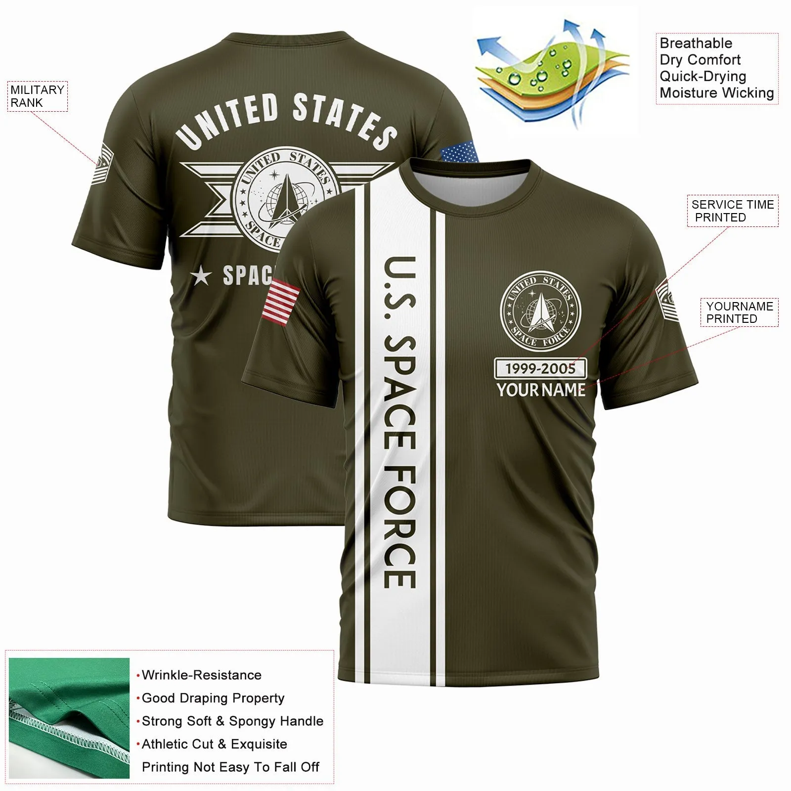Custom Olive U.S Space Force Military Rank Veteran Name T-Shirt