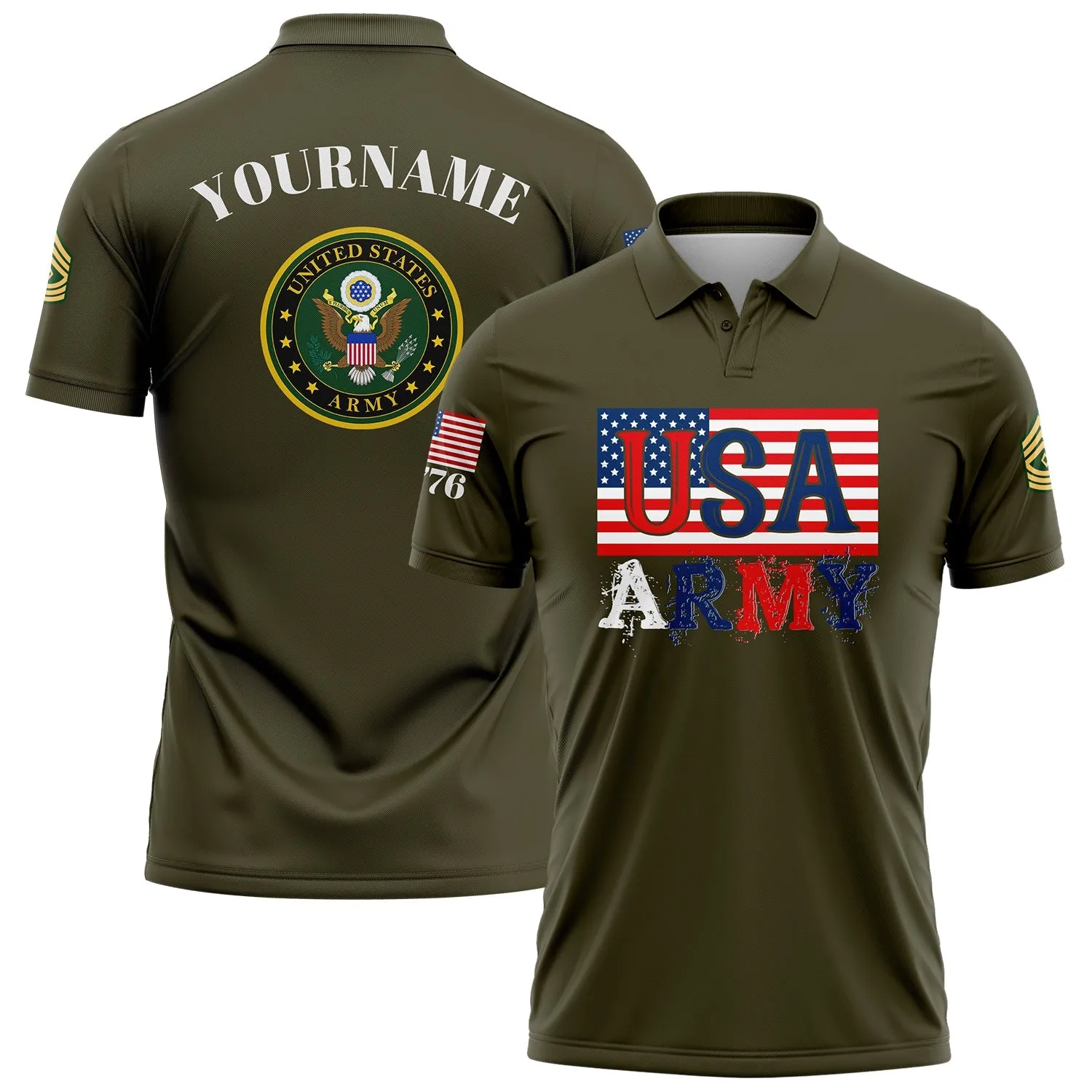 Custom Olive USA 1776 American Flag U.S Army Military Rank Name Golf Polo Shirt