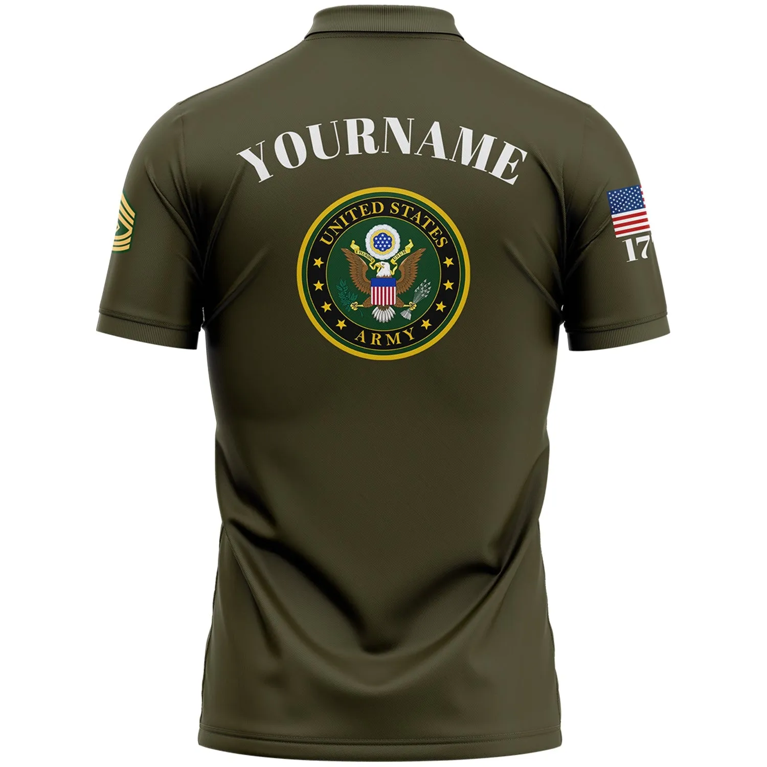 Custom Olive USA 1776 American Flag U.S Army Military Rank Name Golf Polo Shirt