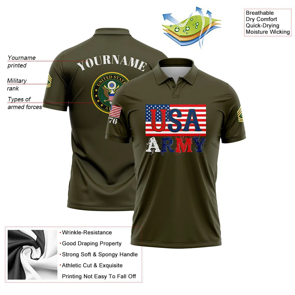 Custom Olive USA 1776 American Flag U.S Army Military Rank Name Golf Polo Shirt
