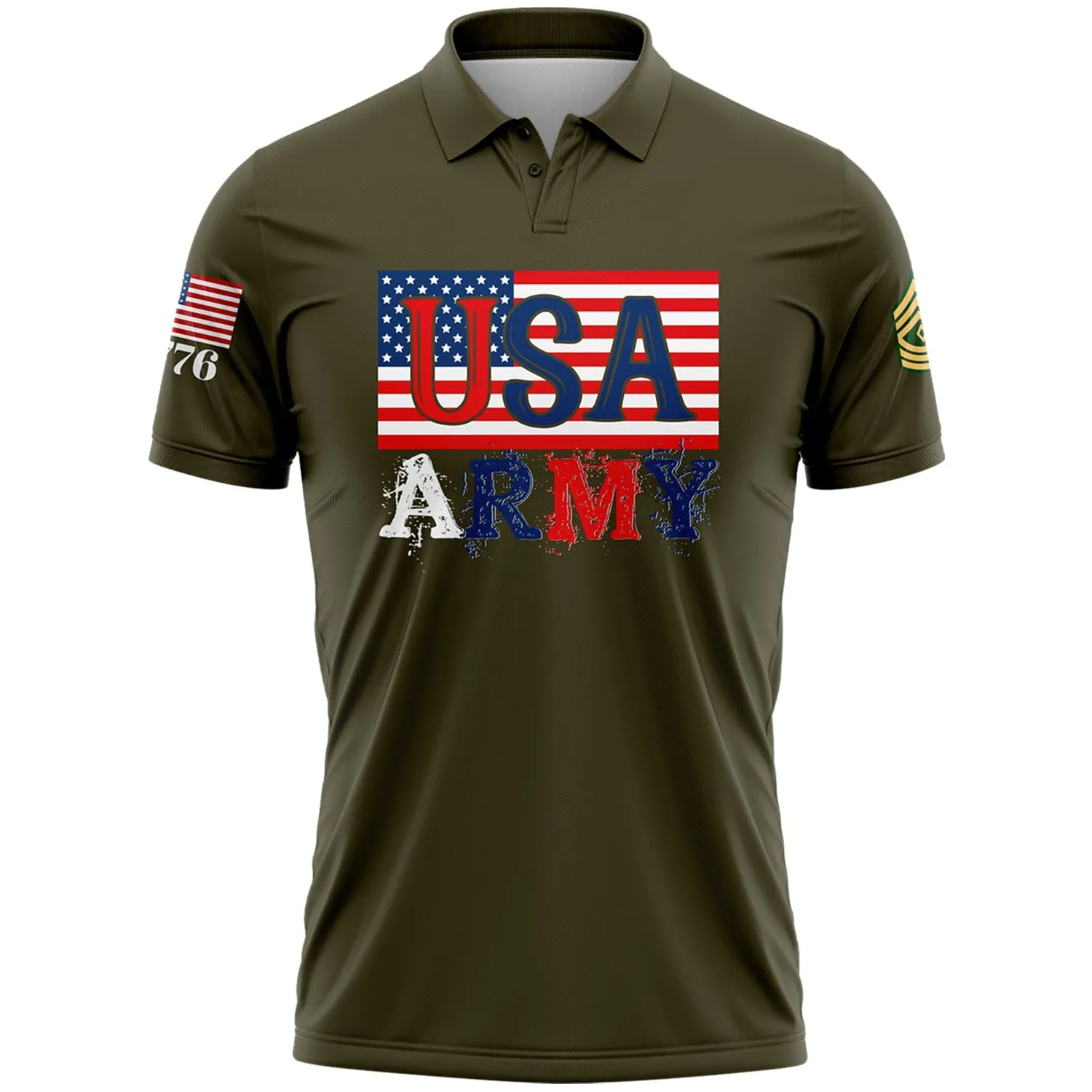 Custom Olive USA 1776 American Flag U.S Army Military Rank Name Golf Polo Shirt