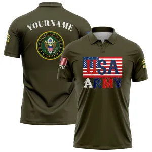 Custom Olive USA 1776 American Flag U.S Army Military Rank Name Golf Polo Shirt