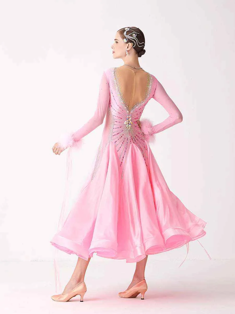 Custom Size Pink Feather Competition Ballroom Dance Dresses for Women Girls National Standard Waltz Tango Rhythm Dancing Gown