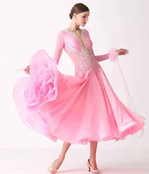Custom Size Pink Feather Competition Ballroom Dance Dresses for Women Girls National Standard Waltz Tango Rhythm Dancing Gown